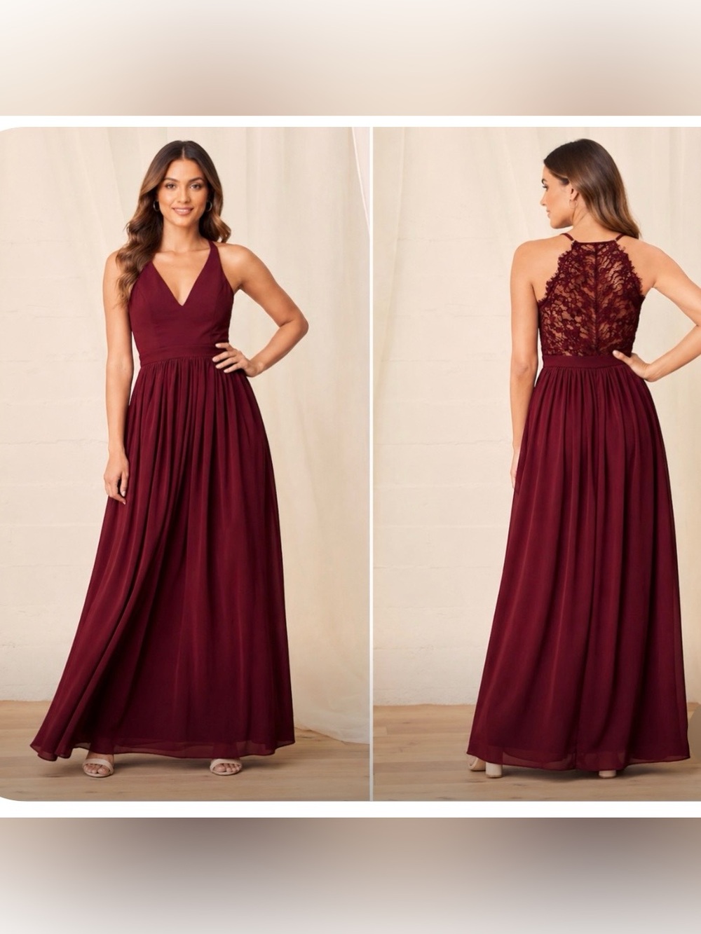 LULUS. Love Spell Burgundy Lace-Back Maxi Dress. Size L